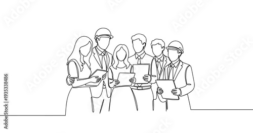 Team of diverse professionals collaborating on documents. No editable stroke