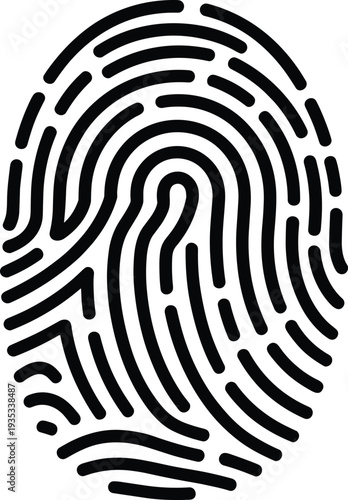 Black fingerprint flat vector illustration, biometric identification design, security pattern artwork, unique personal identity symbol, forensic science technology graphic