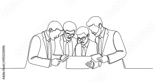 Business meeting: four adult males collaborating on tablet. No editable stroke