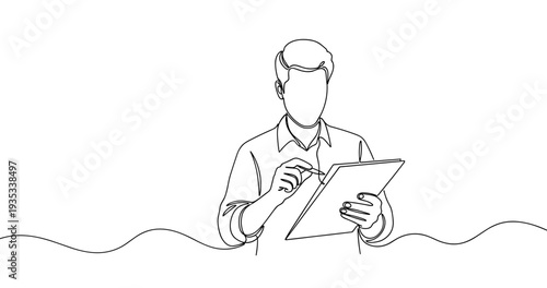 Male adult using digital tablet: minimalist line art illustration. No editable stroke