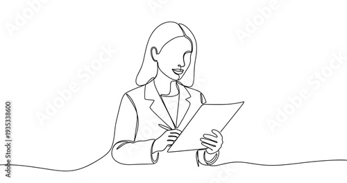 Outline of caucasian female professional analyzing documents in minimalist art style. No editable stroke