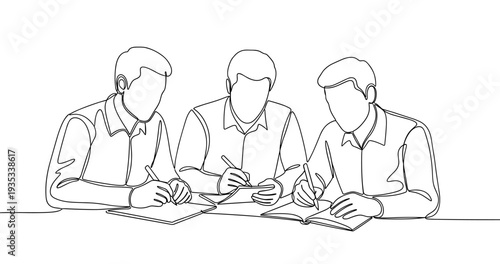 Three young caucasian males collaborating on writing project together. No editable stroke