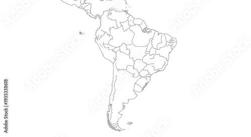 Comprehensive outline map of South America displaying all country borders and administrative divisions on an isolated white background, for geographical studies.