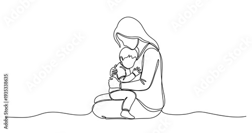 Continuous line drawing of mother and child embracing. No editable stroke