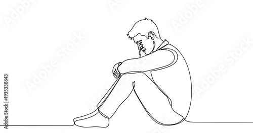 Outline of a sad young caucasian male sitting alone in contemplation. No editable stroke