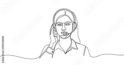 Continuous line drawing of female customer service representative with headset. No editable stroke