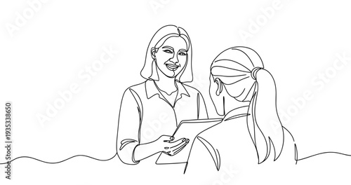 Smiling businesswoman and client discussing document over counter in office setting. No editable stroke