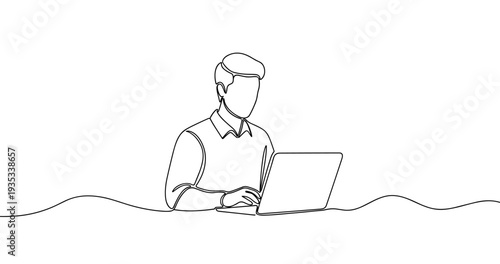 Line art of young caucasian male using laptop on desk. No editable stroke