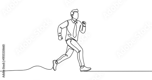 Continuous line drawing of a young caucasian male jogging in a suit. No editable stroke
