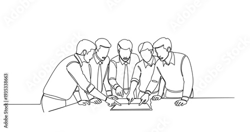 Diverse group of adults collaborating over tablet. No editable stroke