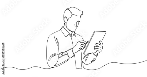 Line art illustration of young caucasian male using tablet technology. No editable stroke