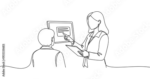 Female professional presenting data to male colleague on screen. No editable stroke