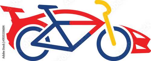 Vibrant primary color graphic merging bicycle motorcycle and car shapes.