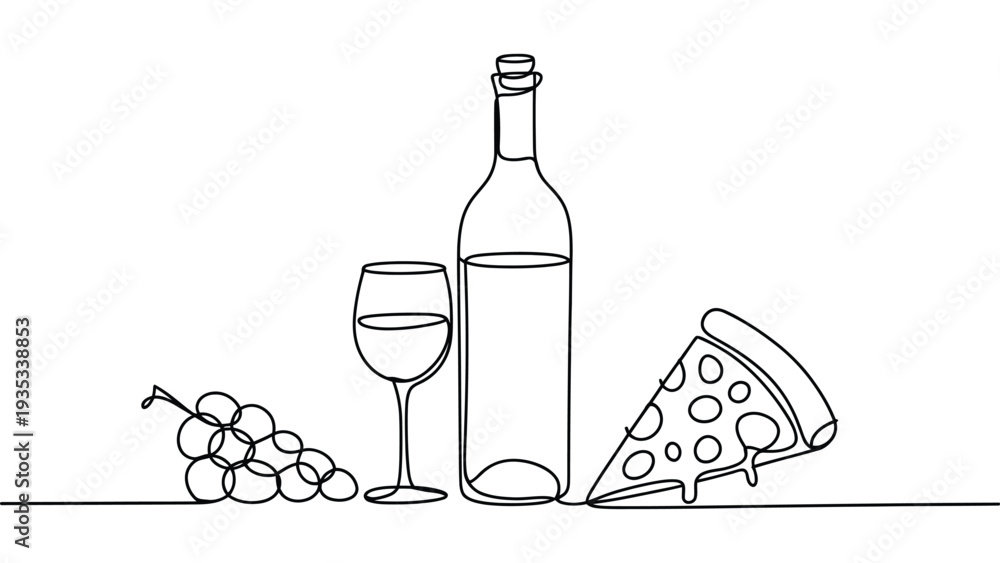 Obraz premium minimal line art illustration of wine bottle glass grapes and cheese slice on table elegant winery still life food and drink outline design for menu restaurant or packaging