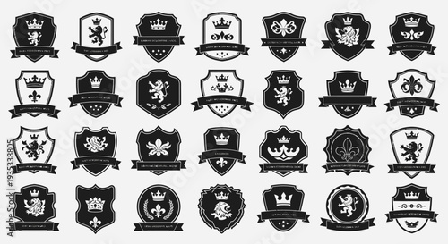 Large collection of vintage black and white heraldic crests and shield badges, featuring medieval and royal symbols on an isolated white background.
