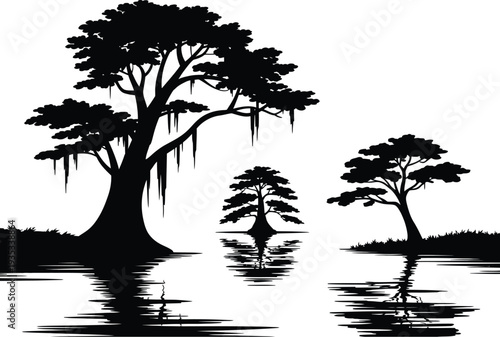 Wetland Nature Scene – Cypress Tree, Marsh Grass, and Water Ripples Vector