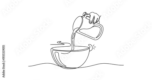 Minimalist line art of hand pouring beverage into steaming cup. None editable stroke