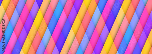 Bright colorful diagonal ribbon pattern abstract background with braided glossy bands in magenta yellow cyan and purple, high contrast dynamic rhythm and playful mood, suitable for packaging social