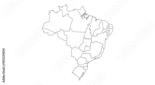 Detailed Outline Map of Brazil with States on Isolated White Background