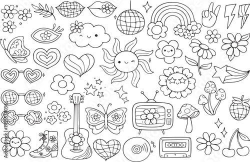 Retro good vibes digital stamp, kids coloring page, Barbecue party digital stamp clipart set