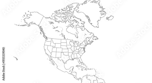 North America Continent Map Outline with Country Borders on Isolated White Background