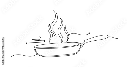 Continuous line drawing of a steaming frying pan. None editable stroke