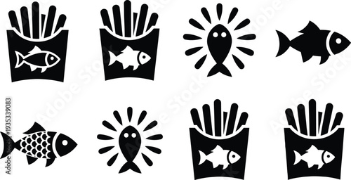 Fish and chips icon set featuring deep fried french fries in paper bags and various aquatic sea food symbols for menus