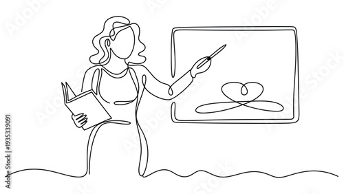 continuous line teacher teaching lesson on board education concept with woman instructor holding book minimal outline vector illustration