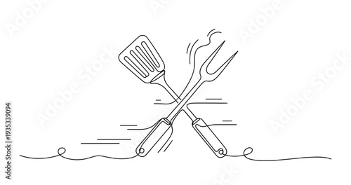 Line art bbq utensils: crossed spatula and fork on white background. None editable stroke