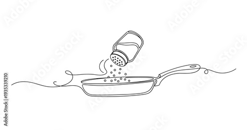 Minimalist line drawing of salt shaker adding seasoning to frying pan. None editable stroke