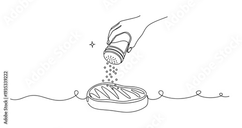 Minimalist illustration of hand seasoning a steak with salt. None editable stroke