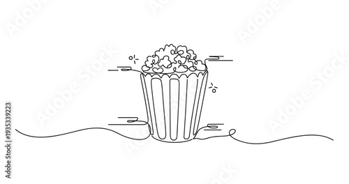 Minimalist line art of popcorn in a striped container. None editable stroke