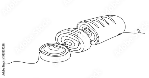 Continuous line drawing of rolled bread loaf and slices on white background. None editable stroke