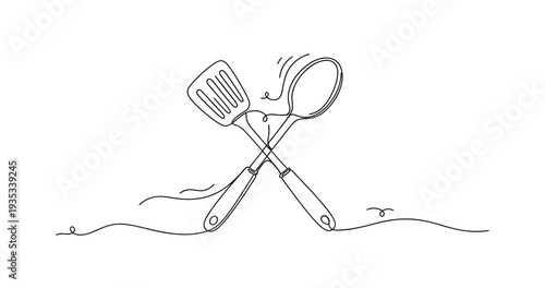 Minimalist line art of spatula and ladle crossing over white background. None editable stroke