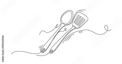 Minimalist continuous line art of kitchen utensils: spoon and spatula design. None editable stroke