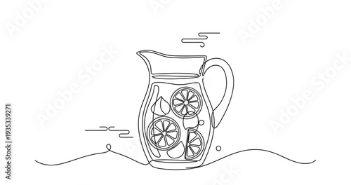Minimalist line drawing of a lemonade pitcher with slices. None editable stroke