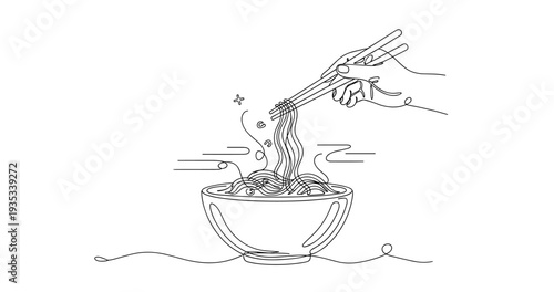 Minimalist line art of hand holding chopsticks and noodles in bowl. None editable stroke