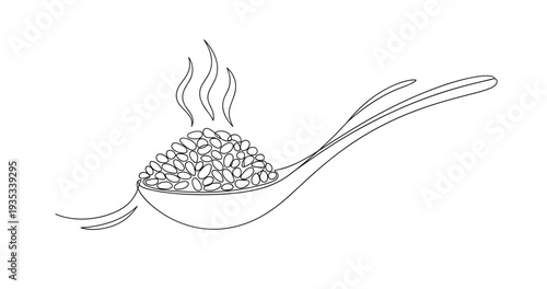 Line art of a steaming ladle with beans. None editable stroke