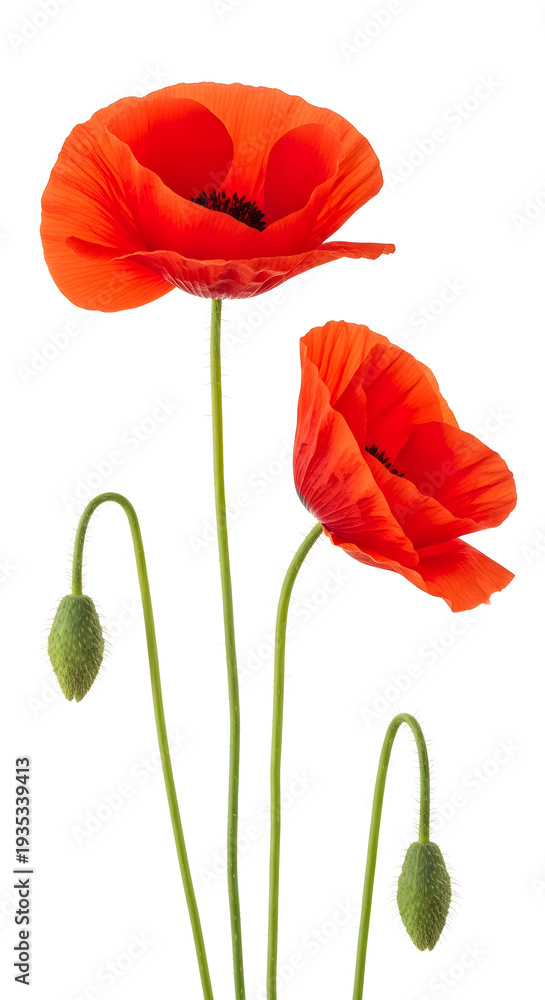 Obraz premium Red Poppies with Buds on White Background, Vibrant Spring Flowers
