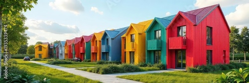 Affordable housing units shaped like paintbrushes, vibrant colors, innovative architecture, sustainable community , colorful, structure, landscape