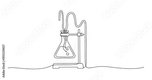 Continuous line drawing of chemistry equipment with flask and tube. no editable stroke