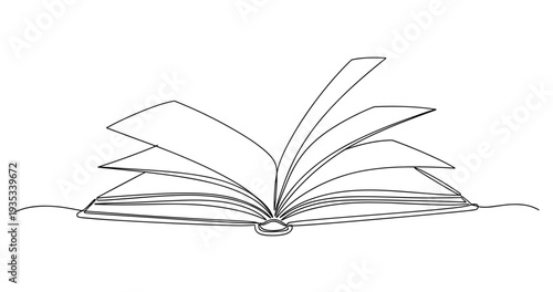Minimalist line art of open book with floating pages. no editable stroke