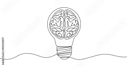 Creative concept: brain shaped lightbulb in continuous line art. no editable stroke