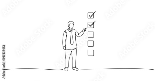 Outline drawing of businessman completing checklist. no editable stroke