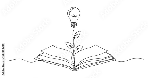 Continuous line art: book with lightbulb and plant symbolizing knowledge and growth. no editable stroke