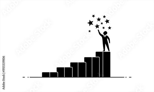 Silhouette of a businessman reaching for stars on a growth bar chart.