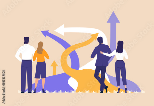 Business professionals looking at arrows pointing in multiple directions, symbolizing decision making, uncertainty, strategic choice, market complexity, risk evaluation, and the challenge of selecting