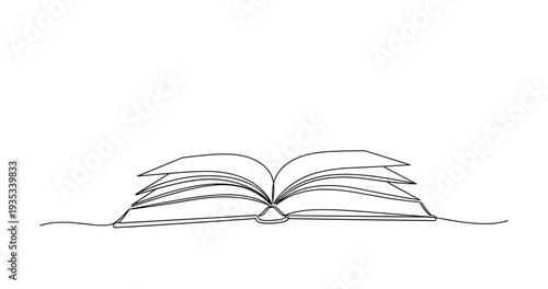 Minimalistic line drawing of open book on white background. no editable stroke