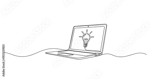 Minimalistic line art: laptop with lightbulb idea symbol on screen. no editable stroke