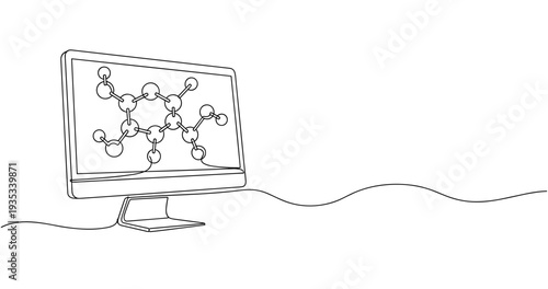 Line drawing of computer displaying molecular structure on screen. no editable stroke